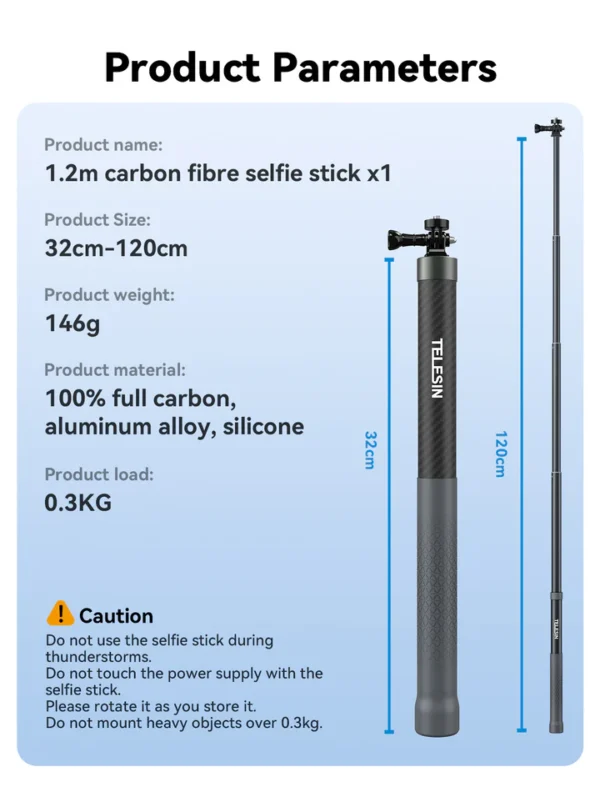 Perche Selfie Go Pro Fibre de Carbon Telesin
